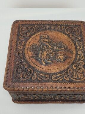 Vintage Tooled Leather Over Wood Trinket Box